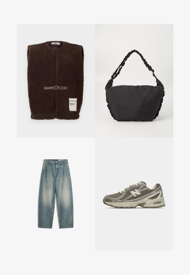 Rjav flis brezrokavnik s krožnim izrezom, sprednjim zapiranjem z rjavim usnjenim trakom in kovinsko zanko ter majhno belo oznako na dnu.; Kremna majica s dolgimi rokavi iz bombaža, ki ima boldano rdeče besedilo "KOPENHAGEN" čez prsni del. Okrogli ovratnik in zavihek na rokavih.; Modre široke jeans hlače z blago zbledelim učinkom, s sprednjimi žepi, zankami za pas, zadrgo in gumbom, položene na beli podlagi.; Atletski čevlji v sivo-bež mrežastem materialu z teksturirano površino, z oblazinjenim podplatom, belimi vezalkami in reflektivnimi srebrnimi detajli.; Črna tkaninska torba z mehkobnim, strukturiranim telesom in nabranim okrasjem ob straneh. Ima pleteno zanko za nošenje.