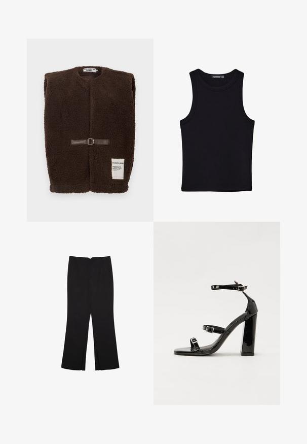 Ruskea fleece-vesti pyöreällä kaula-aukolla, edestä kiinnitys ruskealla nahkahihnalla ja metallirenkaalla, sekä pieni valkoinen etiketti alareunassa.; Musta hihaton paita, joka on valmistettu puuvillasta, ja jossa on pyöreä kaula-aukko sekä leveät kainaloaukot. Silkkinen pinta ja ommellut reunat. Klassinen, minimalistinen muotoilu.; Mustat housut suoralinjaisella leikkauksella, joissa on etutaskut ja sivurei'ät helman alla. Valmistettu pehmeästä ja sileästä kankaasta. Sopii eri tilaisuuksiin.; Musta kiiltäväpintainen korkokengät, joissa on kaksi solkikiinnitystä, neliönmuotoinen kärki ja paksu korko, sileällä, kiiltävällä pintarakenteella.