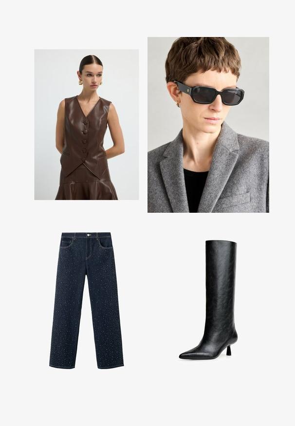 Kobieta z gładko zaczesanymi włosami, ubrana w bezrękawnik z brązowej skórze na guziki oraz pasującą spódnicę, dopełniona dużymi złotymi kolczykami w kształcie kół.; Biała bluzka z długim rękawem i dekoltem łódkowym. Wykonana z miękkiego materiału, z rozszerzanymi rękawami i prostym wykończeniem, oferująca prosty i uniwersalny design.; Ciemnoniebieskie dżinsy o szerokim kroju, z rozsypanymi ozdobami z cyrkonii z przodu. Klasyczny styl z pięcioma kieszeniami.; Czarne, wysokie botki do kolan wykonane z fakturowanej skóry. Mają spiczasty nosek i mały, rozszerzający się obcas. Elegancki, gładki design z minimalnymi akcentami.; Czarne prostokątne okulary przeciwsłoneczne z ciemnymi soczewkami, matowym wykończeniem i złotym logo na ramionku; noszone z szarym wełnianym żakietem i czarną bluzką.