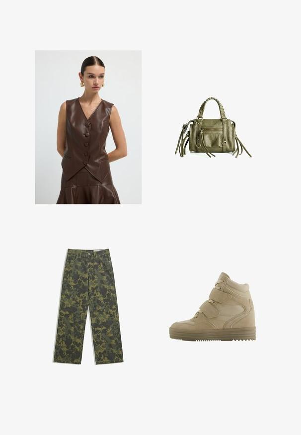 Nainen, jolla on tiukasti taakse kammatut hiukset, pukeutuneena ilman hihoja olevaan ruskeasta nahasta valmistettuun nappivestitoppiin ja siihen sopiviin hameeseen, asusteinaan suuret kultaiset korvaketjut.; Valkoinen pitkähihainen paita, jossa on venepääntie. Valmistettu pehmeästä materiaalista, jossa on leveät hihat ja suora helma, mikä tarjoaa yksinkertaisen ja monikäyttöisen muotoilun.; Tummanvihreät ja oliivinvihreät kamofarkut, joissa on lehtikuvio. Valmistettu puuvillasta perinteisessä viidessä taskussa ja nappikiinnityksellä.; Beige korkeavartiset tennarit, joissa on nahka- ja verkkomateriaali, säädettävät tarranauhat sekä paksu kumipohja, jossa on sahalaitakuvio.; Oliviavihreä nahkakäsiolkalaukku, jossa on punottuja kahvoja, lyhyt vetoketjulla varustettu etutasku ja koristeelliset tupsut. Teksturoitu pinta, kompakti suorakulmainen muoto.