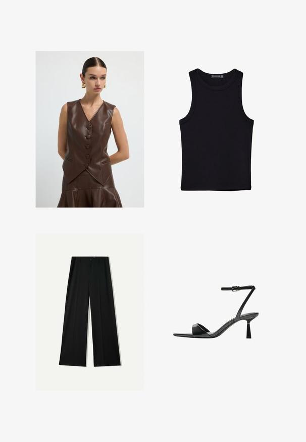 Kobieta z gładko zaczesanymi włosami, ubrana w bezrękawnik z brązowej skórze na guziki oraz pasującą spódnicę, dopełniona dużymi złotymi kolczykami w kształcie kół.; Czarny top na ramionczkach wykonany z bawełny, z okrągłym dekoltem i szerokimi wycięciami na ramionach. Gładka tekstura z przeszytymi brzegami. Klasyczny, minimalistyczny design.; Bershka WIDE czarny; Bershka - Sandały na obcasie