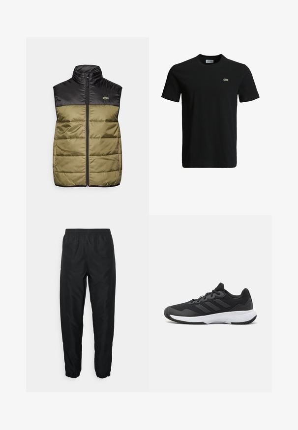 Puffervest med svart topp og olivengrønn bunn. Har høy krage, frontglidelås og en liten logo på venstre bryst.; Svart bomulls T-skjorte med rund hals, korte ermer, og en liten grønn krokodille-logo på venstre bryst. Glatt tekstur, uformelt design.; Svart treningbukser laget av lett materiale med elastisk midje og mansjetter, med en glatt tekstur og minimal merkevarepreg.; Svart idrettssko med teksturert overdel, tre horisontale striper, og en hvit såle med mønstret gummibunn. Lettvekts og strømlinjeformet design.