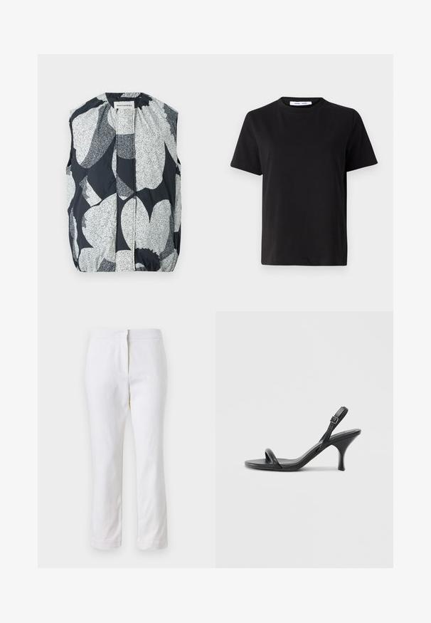 Bezrucīšu veste ar teksturētu, rakstainu audumu, kas rotāts ar lieliem melniem un baltajiem abstraktiem formas elementiem, elastīgu apakšmalu un stāvošu apkakli.; Melna īsām piedurknēm T-kreklu, kas izgatavots no mīksta kokvilnas, ar apļveida kakla izgriezumu, brīvu piegriezumu un gludu tekstūru. Nav redzamu rakstu vai grafikas.; Baltas kokvilnas bikses ar taisnu kāju dizainu, ar vidēju augstumu un bez redzamām detaļām vai rakstiem. Visā virsmā ir gluda tekstūra.; Melnas ādas augstpapēžu sandales ar plānu, izliekta formas papēdi un krustenisku siksnu dizainu. Regulējama potītes siksna. Gluda tekstūra.