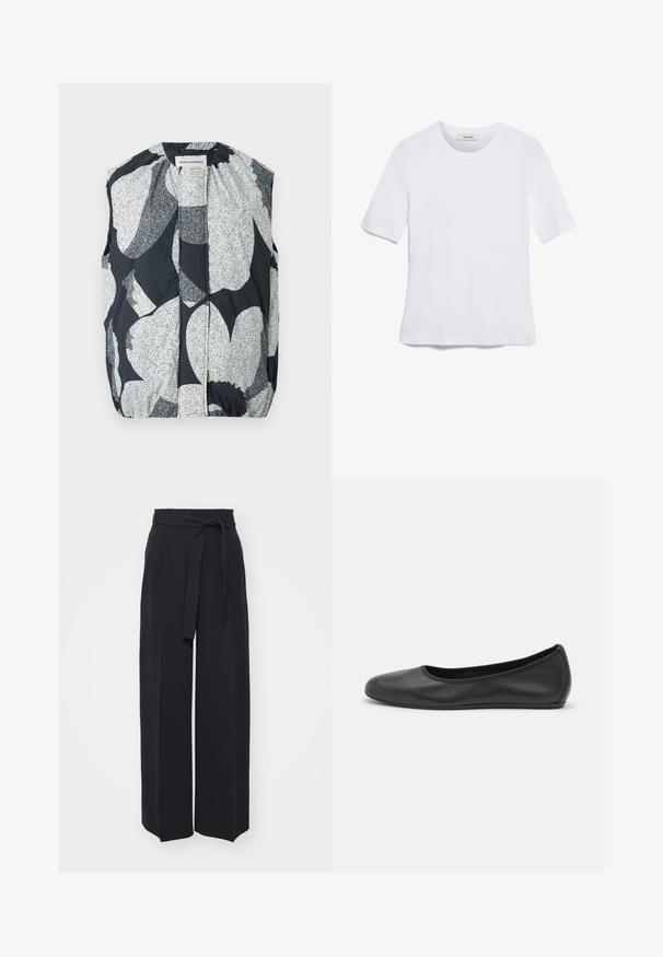 Sleeveless vest with a textured, patterned fabric featuring large black and white abstract shapes, elastic hem, and a stand-up collar.; White short-sleeve t-shirt made of ribbed fabric. Round neckline, regular fit, and subtle stitching details. No patterns or graphics.; Wide-leg black trousers made of soft fabric. Features a belted waistband and front pleats. Smooth texture with a clean, contemporary design.; Black leather ballet flat with a rounded toe, smooth texture, minimal stitching detail, and a flexible sole design.