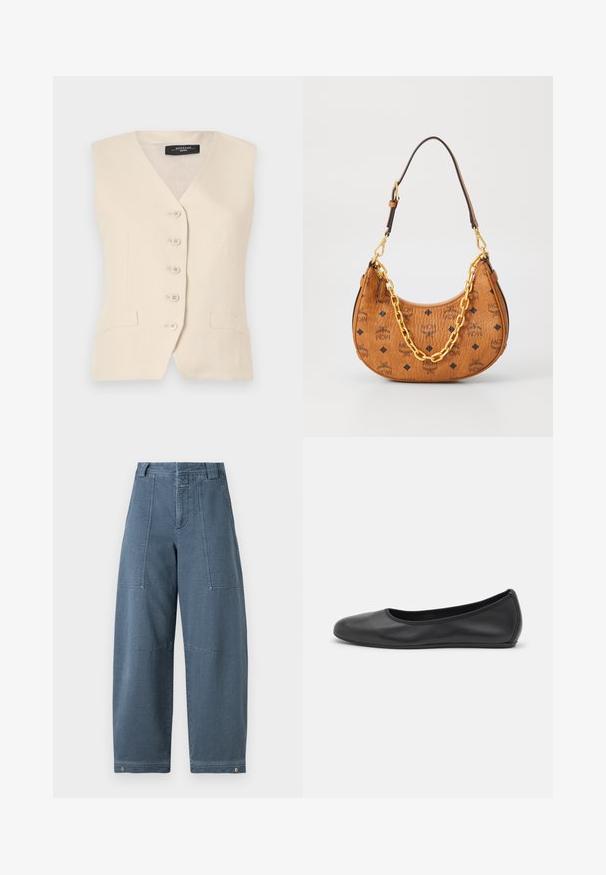 Beige Leinenweste mit V-Ausschnitt, sechs Knöpfen und zwei seitlichen Taschen. Sie hat eine taillierte Form und eine glatte Textur.; Beige gestrickter Pullover mit tiefem V-Ausschnitt, langen Ärmeln und taillierter Passform, die auf der Vorderseite zwei große runde Knöpfe aufweist.; Ärmelloses Rollkragenoberteil mit vertikalen schwarz-weißen Streifen, hergestellt aus einem strukturierten Strickstoff und mit einem hohen, eng anliegenden Kragen.; Weite Denim-Hosen in einem hellblauen Farbton, mit einer strukturierten Oberfläche, zwei Fronttaschen und strapazierfähigen Nähten am Saum.; Schwarze Leder-Ballettschuhe mit abgerundeter Spitze, glatter Textur, minimalen Nähdetails und einem flexiblen Sohlen-Design.; Braune Leder-Handtasche in Halbmondform mit schwarzen MCM-Logos, goldenen Kettendetails und verstellbarem Schultergurt auf weißem Hintergrund.