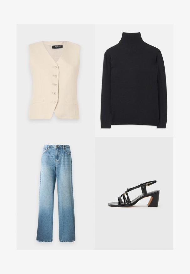 Beež linane vest, millel on V-kaelus, kuus nuppu ja kaks küljetaskut. Omab kohandatud kuju ja sileda tekstuuri.; Must zwart pullovers, mis pehmeast kangast. Omab pikki varrukaid, kõrget kaelanupukest ning soonikute äärte ja alläärtega, et tagada mugav istuvus.; Heledad helesinine denimipüksid, millel on lõtv istuvus, sirged sääred ja peened kaunistused. Sisaldab traditsioonilist viie tasku disaini ja vöölõike.; Paul Smith AMIRA - Klassikalised kontsakingad - black