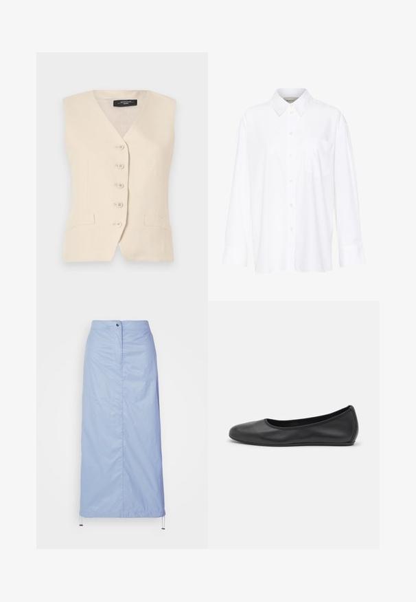 Beige Leinenweste mit V-Ausschnitt, sechs Knöpfen und zwei seitlichen Taschen. Sie hat eine taillierte Form und eine glatte Textur.; Weißes Langarmhemd mit Kragen aus Baumwolle. Verfügt über eine durchgehende Knopfleiste und eine Brusttasche. Glatte Textur, lockere Passform.; Helleblaue Midilänge-Rock aus glattem, leichtem Material mit geradem Schnitt, verfügt über eine Knopfverschluss vorne und einen Kordelzugsaum.; Schwarze Leder-Ballettschuhe mit abgerundeter Spitze, glatter Textur, minimalen Nähdetails und einem flexiblen Sohlen-Design.