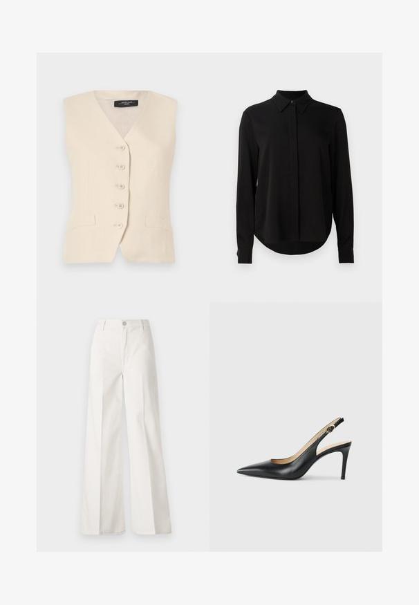 Beež linane vest, millel on V-kaelus, kuus nuppu ja kaks küljetaskut. Omab kohandatud kuju ja sileda tekstuuri.; Mustmustärgne, pikkade varrukatega pluus terava kraega, varjatud nööpide ridadega ja kõverate servadega, valge tausta ees.; Valged laiade jalgadega püksid, mis on valmistatud siledast puuvillast. Omab esitallist ning lukuga sulgemist ja nelja tasku disaini.; Mustad nahast seljataga kõrged kontsad, kellel on terav varvas, reguleeritav rihm ja sujuva viimistlusega stiilne stiletto konts.