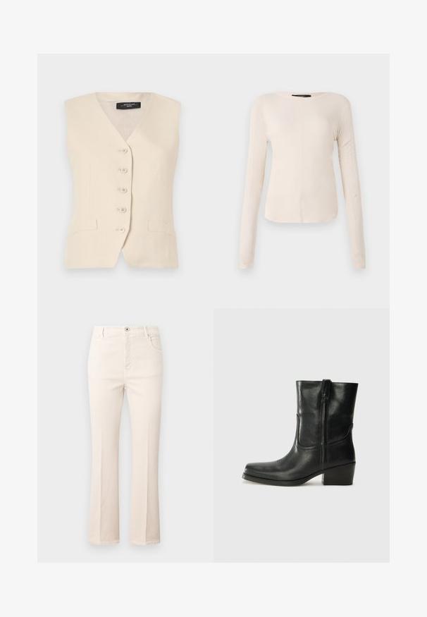 Beige Leinenweste mit V-Ausschnitt, sechs Knöpfen und zwei seitlichen Taschen. Sie hat eine taillierte Form und eine glatte Textur.; Langärmliges, hellbeiges Oberteil mit rundem Ausschnitt. Aus weichem Stoff gefertigt, verfügt es über eine zentrale Naht und einen leicht geschwungenen Saum. Keine sichtbaren Beschläge.; Beige Schlagjeans aus Baumwolle mit hoher Taille, fünf Taschen, Knopfverschluss und dezenten Steppdetails.; Schwarze Leder-Ankle Boots mit runder Zehenform, Blockabsatz, seitlichem Reißverschluss und gestickten Akzenten auf dem Blatt. Glatte Textur, klassisches Design.