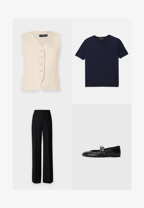 Beige lina veste ar V veida izgriezumu, sešiem pogām un divām sānu kabatām. Iezīmēta ar pielāgotu formu un gludu tekstūru.; Tums zilā īsajām piedurknēm T-krekls, kas izgatavots no mīksta auduma, ar apaļu izgriezumu un ribotām malām, gluda tekstūra un bez redzamām rakstām.; Melni platleği bikses ar gludu tekstūru, ar augstu jostasvietu un centrālajām krokām. Nav redzamu rakstu vai aparatūras detaļu.; Melnas ādas baleta kurpes ar smailu purngalu, ar siksniņu ar apaļu metāla sprādzi un platu zoli.