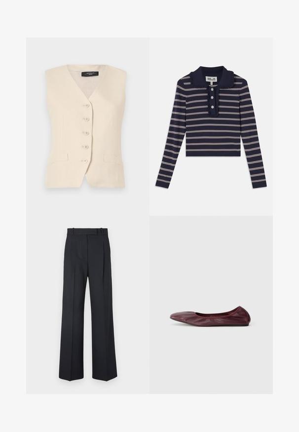 Beige linnenhös med v-ringning, sex knappar och två sidofickor. Har en skräddarsydd form och slät yta.; Laivastonsininen pitkähihaisempi paita, jossa on vaaleanpunaisia vaakaraitoja, röyhelökaulus ja etupuolella kolme napinläpeä; valmistettu pehmeästä ja joustavasta materiaalista.; Tummansiniset raidalliset housut, joissa on korkea vyötärö, leveät lahkeet ja ei näkyviä metalliosia tai koristeita. Sileä pinta ja räätälöity istuvuus.; Ballet flatti tumman burgundin värisessä nahassa, jossa on pyöreä kärki, venytettävä reuna ja sileä pinta, jossa on hienovaraisia laskosyksityiskohtia.