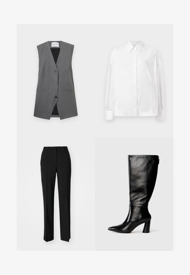 Halli hallide mustriga vest v-kaelusega, ilma varrukateta, kahe eesmiste taskuga ja ühe nupuga kinnitusega. Sisemine vooder on must.; Valge pikka varrukat nuppude jaotuse särk, mis on valmistatud siledast puuvillasegust. Omab klassikalist krae, ees nuppude sulgemist ja ümarate mansettidega.; Mustad ja sirged püksid, millel on sile tekstuur ja teravad voldid esiosas. Ilma nähtavate detailideta.; Knee-high musta nahksaabas terava nina, siledat pinnad ja paks konts. Tagaküljel on tõmblukk.