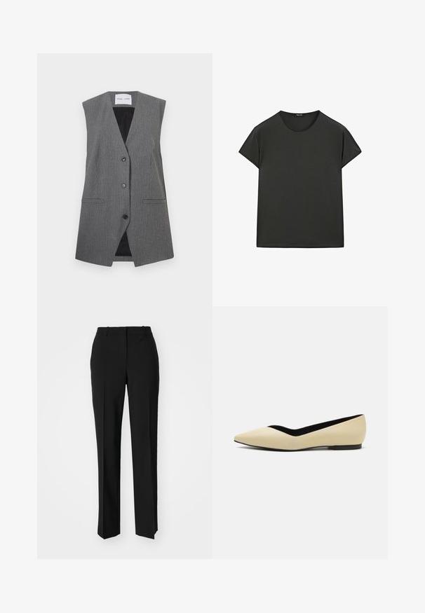 Šedá pruhovaná vesta s výstřihem do V, bez rukávů, se dvěma předními kapsami a jednobarevným zapínáním. Vnitřní podšívka je černá.; Černé tričko s krátkým rukávem vyrobené z měkké látky, s kulatým výstřihem a volným střihem, s čistými, jednoduchými liniemi a bez vzorů.; Černé kalhoty na míru se střihem do rovna, které mají hladkou texturu a ostré sklady na přední straně. Bez viditelného kování.; Béžové kožené baleríny s špičatou špičkou a nízkou černou podrážkou. Interiér má kontrastní černou podšívku. Hladký povrch, bez vzorů.