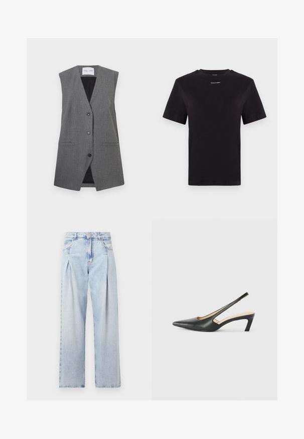 Szürke csíkozott mellény V-nyakkivágással, ujjatlan, két elülső zsebbel és egy gombos záródással. Belső bélés fekete.; Fekete pamut póló rövid ujjakkal, kerek nyakkivágással és kis fehér "Calvin Klein" logóval a mellkasnál. Simás textúra, klasszikus fazon.; Világoskék farmernadrág magas derekú, bő szabású, két oldalsó zsebbel és pliszírozott dizájnnal. Puha tapintású, elhalványított felület.; Fekete, hegyes orrú, slingback cipő alacsony sarkával, sima bőrből készült, oldalt kivágott deisgnal a légáteresztőképesség érdekében.