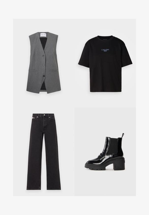 Sivý pruhovaný vest s výstrihom do V, bez rukávov, dvoma prednými vreckami a jednobodovým zapínaním. Vnútorné podšívka je čierna.; Čierne bavlnené tričko s okrúhlym výstrihom, krátkymi rukávmi a modrým vyšívaným logom "Calvin Klein JEANS" na prednej strane.; Čierne široké džínsy vyrobené z denimu, s vysokým pásom, piatimi vreckami a kovovým zapínaním s kontrastným šitím.; Čierne lakované členkové čižmy s masívnym opätkom, elastickými bočnými panelmi, dekoračným pásikom a kontrastným prešívaním. Hladká textúra s lesklým povrchom.