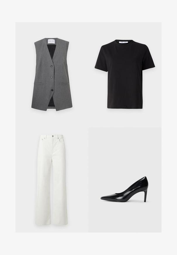 Siva prugasta usnja brez rokavov z V-izrezom, dvema sprednjima žepekoma in enim gumbom za zapiranje. Notranja podloga je črna.; Črna majica s kratkimi rokavi iz mehkega bombaža, ki ima okroglo izrezovanje, udoben kroj in gladko teksturo. Brez vidnih vzorcev ali grafike.; Samsøe Samsøe SHELLY - Široke kavbojke - clear cream; Črna usnjena črna čevlja na visokem petu z zašiljenim prstom, gladko teksturo in zoženim peto. Minimalističen dizajn, brez dodatnih okraskov.