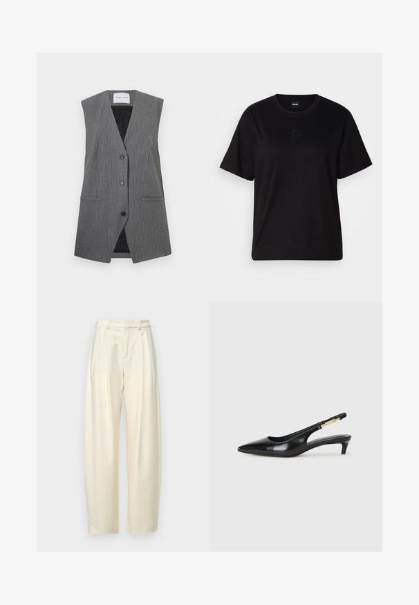 Grijze pinstripe vest met een v-hals, zonder mouwen, twee voorkwasten en een enkele knoopsluiting. De binnenvoering is zwart.; Zwarte katoenen t-shirt met een ronde hals, korte mouwen en een geborduurd logo op de borst. Eenvoudige, comfortabele pasvorm zonder patronen.; Plooibare, hoge taillebroek van licht crèmekleurige stof. Heeft een rechte_snit en een soepele textuur. Geen zakken of zichtbare hardware.; Zwarte leren slingback hakken met een spitse neus, voorzien van een slanke hak en een goudkleurige accent op de verstelbare band. Gladde textuur.