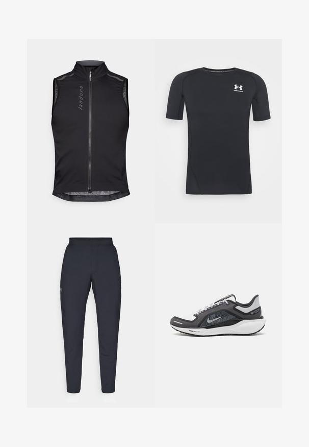 Ärmellose Radweste aus schwarzem Stoff mit hohem Kragen, frontalem Reißverschluss, Netzelementen und reflektierenden Akzenten für Sichtbarkeit.; Schwarzes kurzärmliges Sportshirt aus feuchtigkeitsableitendem, elastischem Material. Verfügt über einen runden Halsausschnitt und ein kleines weißes Logo auf der Brust.; Schwarze Sporthose mit glatter Textur, schlankem Schnitt, elastischem Bund und seitlichen Taschen. Mit einem kleinen Logo auf dem linken Oberschenkel.; Schwarzer und grauer Sportschuh mit einem Mesh-Obermaterial, reflektierenden Akzenten und einer weißen Zwischensohle. Verfügt über eine strukturierte Gummisohle und Schnürsenkel.