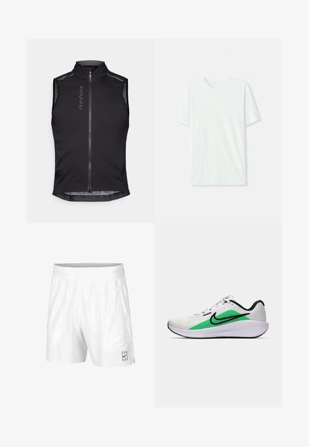 Mouwloze fietsvest in zwarte stof, met een hoge kraag, frontale rits, ademende details en reflecterende accenten voor zichtbaarheid.; Licht mintgroen T-shirt met korte mouwen, gemaakt van zachte stof. Het heeft een ronde halslijn en een simpele, rechte snit zonder versieringen.; Witte sportshorts gemaakt van lichtgewicht stof met een elastische tailleband, voorzien van twee zijzakken en een klein zwart logo op de zoom.; Witte sportieve schoen met een groene accenta, zwart logo, bovenwerk van mesh, gevoerde zool en een afgeronde hak. Voorzien van veters en contrasterende details.