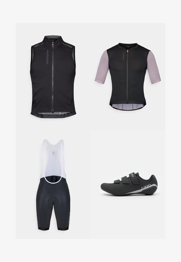 Gilet de cyclisme sans manches en tissu noir, doté d'un col montant, d'une fermeture éclair sur le devant, de détails en maille et d'accents réfléchissants pour une meilleure visibilité.; Maillot de cyclisme noir avec des manches courtes à motifs. Doté d'une fermeture éclair sur le devant, d'un tissu en maille respirant et d'un dos légèrement allongé pour plus de couverture.; Bib shorts de cyclisme noirs avec des bretelles en mesh blanches, zone de siège rembourrée et un logo sur la jambe. Matériau lisse avec une coupe ajustée.; Giro STYLUS - Chaussures de cyclisme - black