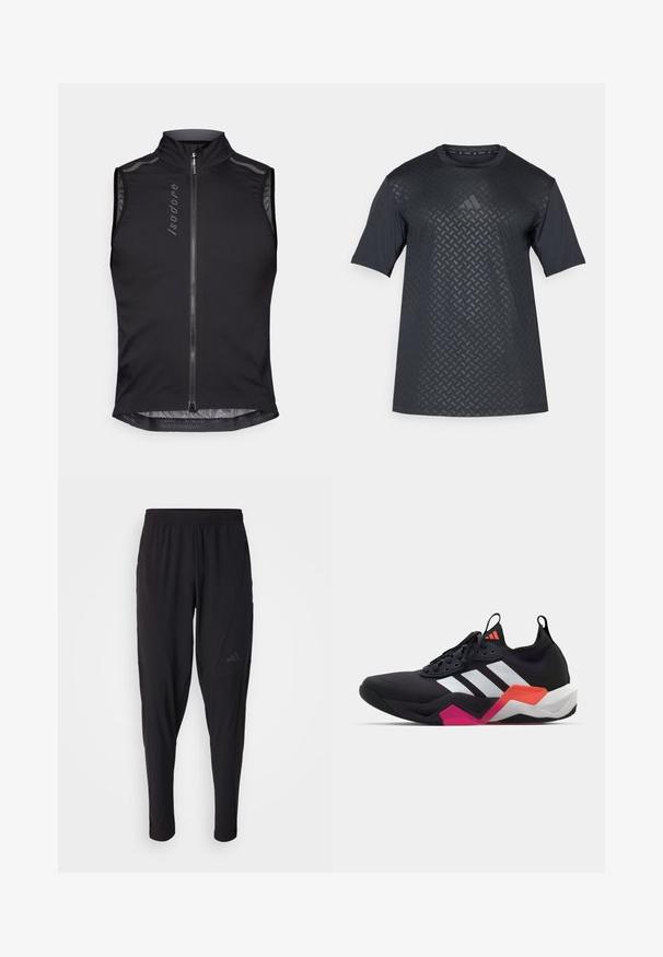 Brez rukava biciklistički prsluk od crnog materijala, s visokim ovratnikom, prednjim zatvaračem, mrežastim detaljima i reflektirajućim akcentima za vidljivost.; Crna majica kratkih rukava s teksturiranim geometrijskim uzorkom sprijeda i glatkom stražnjom stranom, napravljena od laganog, prozračnog materijala.; Crne sportske hlače s elastičnim pojasom, suženim dizajnom, bočnim džepovima i suptilnim logotipom. Izrađene od fleksibilne, prozračne tkanine.; Crne atletske tenisice s bijelim prugama, teksturiranim gornjim dijelom i debelim potplatom s narančastim, ružičastim i bijelim detaljima. Dizajn s vezicama i trakom za povlačenje.