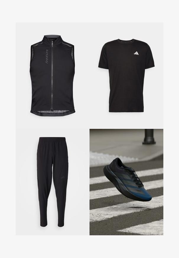 Sleeveless cycling vest in black fabric, featuring a high collar, front zipper, mesh details, and reflective accents for visibility.; Black cotton t-shirt with short sleeves, crew neckline, and a white logo on the left chest. Smooth texture and simple design.; Black athletic pants with an elastic waistband, tapered design, side pockets, and subtle logo detail. Made from flexible, breathable fabric.; Black and blue athletic shoe with a streamlined design, featuring a textured upper, contrasting stripes, and a cushioned sole, hovering over pavement.
