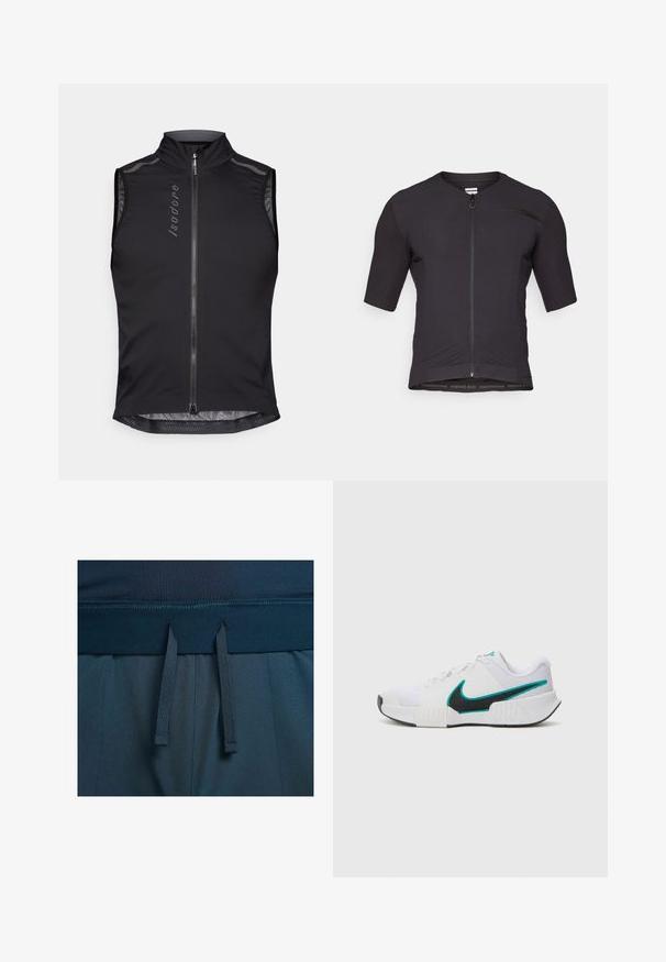 Gilet de cyclisme sans manches en tissu noir, doté d'un col montant, d'une fermeture éclair sur le devant, de détails en maille et d'accents réfléchissants pour une meilleure visibilité.; T-shirt noire à manches courtes en tissu texturé ; il présente une fermeture éclair à l'avant et un ourlet cousu avec "PREMIO EVO" imprimé au bas.; Shorts de sport bleu foncé avec une ceinture lisse, des cordons de serrage réglables et un tissu texturé.; Chaussure de sport blanche avec une tige en mesh texturé, semelle en caoutchouc noire et accent en teal sur le logo Nike. Équipée de lacets et d'un col rembourré.