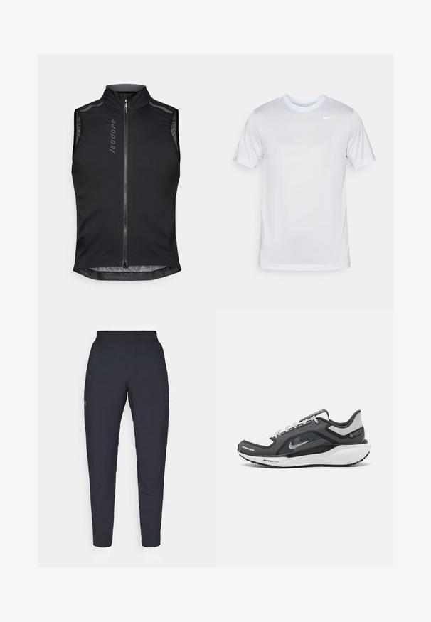 Bezrukávová cyklistická vesta z černé látky, s vysokým límcem, předním zipem, síťovanými detaily a reflexními akcenty pro zvýšení viditelnosti.; Nike Performance TEE NEW VENEER - Sportovní tričko - football grey/pure/white; Černé sportovní kalhoty s hladkou texturou, slim fit, elastickým pasem a bočními kapsami. Na levém stehně je umístěno malé logo.; Černá a šedá sportovní obuv s vrškem z prodyšné síťoviny, reflexními akcenty a bílou mezipodešví. Obsahuje texturovanou gumovou podrážku a tkaničky.