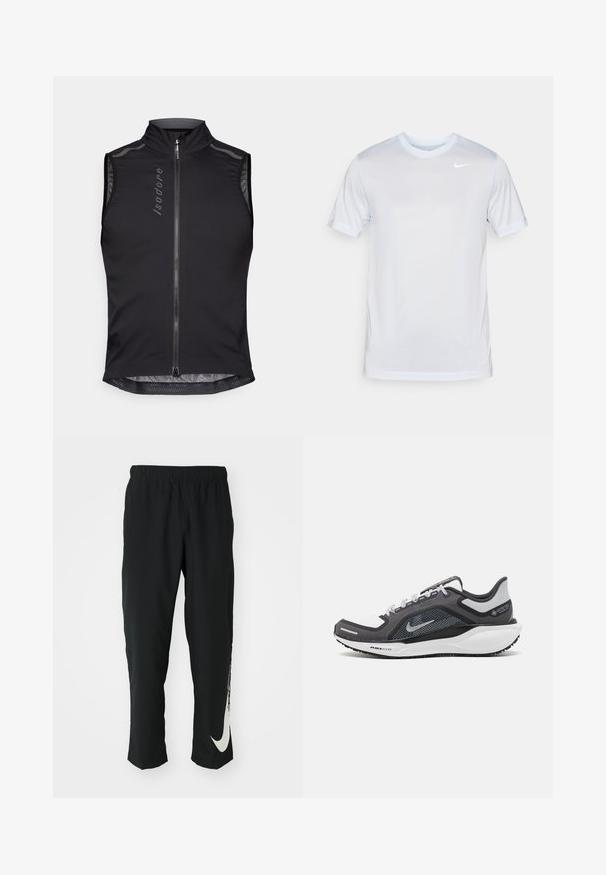Gilet da ciclismo senza maniche in tessuto nero, dotato di colletto alto, zip frontale, dettagli in rete e accenti riflettenti per la visibilità.; Nike Performance TEE NEW VENEER - T-Shirt sport - football grey/pure/white; Pantaloni sportivi neri con cintura elasticizzata, design affusolato, caratterizzati da un grande logo Nike bianco sulla gamba sinistra. Tessuto morbido e leggero.; Scarpa da ginnastica nera e grigia con tomaia in rete, dettagli riflettenti e intersuola bianca. Presenta una suola in gomma testurizzata e lacci.