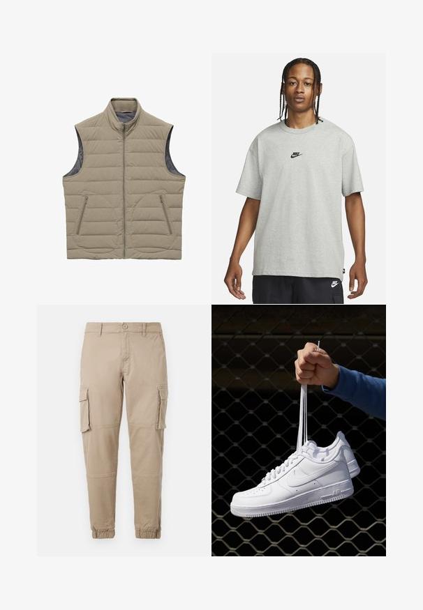 Bežna izolirana brezrokavnik z visokim ovratnikom, prešito zasnovo in dvema žepoma na zadrgo. Gladka tekstura, brez rokavov in enobarvna zaključna obdelava.; Mlad človek z zasebnimi lasmi, oblečen v svetlo sivo majico Nike in črne kratke hlače Nike pred enostavno belo kuliso.; Bežne cargo hlače iz lahkega bombažnega materiala. Imajo elastične manšete, več stranskih žepov in gumbasto zapiranje.; Bela usnjena športna obutev s perforacijami, okroglo konico, ravnim podplatom in debelimi vezalkami, z vidnim logotipom smoosh in napisom "AIR" na peti.