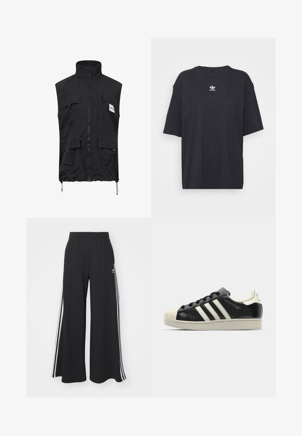 Schwarze ärmellose Weste aus leichtem Material, mit mehreren Fronttaschen, einem hohen Kragen und verstellbarem Kordelzug am Saum.; Schwarzes Baumwoll-T-Shirt mit kurzen Ärmeln, rundem Halsausschnitt, mit einem weißen Adidas-Logo auf der Brust. Einfaches Design, lockere Passform.; Schwarze weite Sweatpants mit elastischem Bund, versehen mit weißen Seitestreifen und einem gestickten Logo auf dem linken Oberschenkel.; Schwarze Ledersneaker mit weißen Streifen, Gummikappe, schwarzen Schnürsenkeln und einer cremefarbenen Sohle. Glatte Textur mit glänzender Oberfläche.