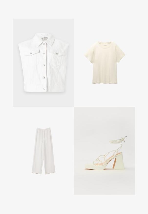 Bela denimska brezrokavnik s ovratnikom, sprednjim gumbom in dvema žepoma na prsih, ki imata srebrne snap gumbke.; Svetlo bež kratkosleeven majica s okroglim ovratnikom, izdelana iz mehke, gladke tkanine. Ima sproščen kroj in raven rob.; Bele široke hlače iz lahkega materiala. Imajo elastičen pas s vrvico in stranske žepe. Gladka tekstura.; Bela sandala na visokih petah s debelim petam, ki ima obliko trakcev in vezanje okoli gležnja. Gladka tekstura z platformo spredaj za dodatno višino.