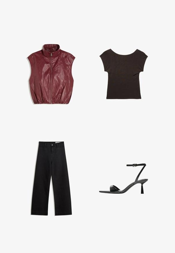Burgunderröd ärmlös väst i texturerat material, med hög krage, framtill dragkedja och rynkad nederkant.; Mörkbrun kortärmad topp med en bred, rundad halsringning. Tillverkad av mjukt, slätt tyg med en figurnära siluett. Inga synliga mönster eller utsmyckningar.; Svarta vida denimbyxor med hög midja, med fram- och bakfickor, sydda sömmar och knappstängning. Slät textur.; Bershka Sandaletter - black
