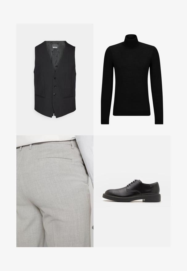 Juodas liemenėlis, pagamintas iš lygios medžiagos, su V formos iškirpte, penkiomis juodomis sagomis, dviem šoniniais kišenėmis ir raštuotu pamušalu.; Juodas aukšto kaklo megztinis, pagamintas iš minkštos medžiagos, su ilgomis rankovėmis ir prigludusia forma. Su raukiniais apačioje ir rankogaliuose. Paprastas dizainas.; Šviesiai pilkos spalvos pritaikytos kelnės iš faktūrinės medžiagos, turinčios vieną užpakalinę kišenę ir tvarkingus siūlus.; Juodas odinis batų modelis su raišteliais, apvaliu nosiu, lygiu paviršiumi, minimaliai siuvinėjimu ir žemu guminėmis pakulne. Ant pakulnės šalia logo.