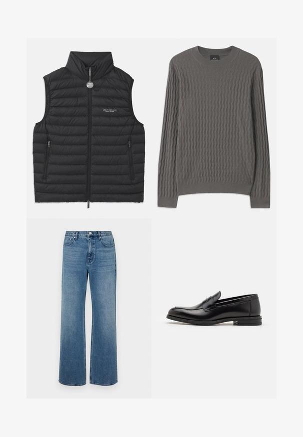 Black puffy vest with a high collar, front zip closure, two side zip pockets, and a logo on the chest, featuring horizontal quilted stitching.; Armani Exchange Jumper - dark gull zig zag; Wide-leg blue jeans made of denim with a faded finish. Features five pockets, a front button closure, and a straight cut.; Black leather loafers with a smooth texture, rounded toe, and a decorative strap across the vamp. Low stacked heel, minimalist design.