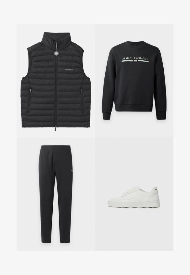 Black puffy vest with a high collar, front zip closure, two side zip pockets, and a logo on the chest, featuring horizontal quilted stitching.; Black sweatshirt made from soft fabric. Features a crew neckline and long sleeves. The front displays "ARMANI EXCHANGE" and "1991" in contrasting colors.; Black jogger pants made of soft fabric, featuring an elastic waistband, straight legs, and a single small logo detail on the side.; White leather sneaker with a smooth finish, round toe, flat laces, and a textured sole. Features a subtle logo on the heel.