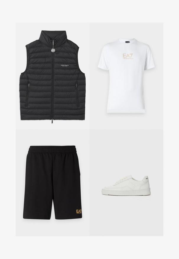 Black puffy vest with a high collar, front zip closure, two side zip pockets, and a logo on the chest, featuring horizontal quilted stitching.; White cotton t-shirt featuring a round neckline and short sleeves, with a gold EA7 Emporio Armani logo printed on the front.; Black athletic shorts made of soft fabric,Featuring an elastic waistband and a small yellow EA7 logo on the lower left leg.; White leather sneaker with a smooth finish, round toe, flat laces, and a textured sole. Features a subtle logo on the heel.