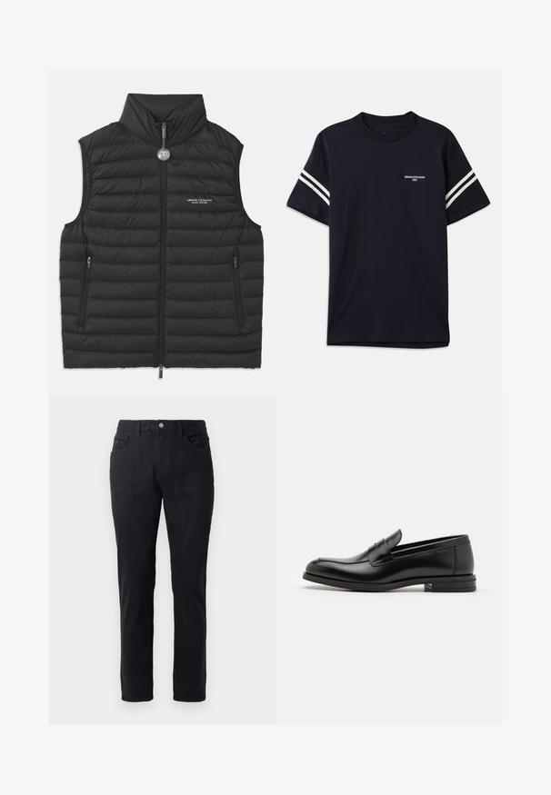 Fekete puffos mellény magas gallérral, elöl cipzáras záródással, két oldalsó cipzáras zsebbel és logóval a mellkason, vízszintes tűzött varrással.; Sötétkék pamut póló, kerek nyakkal, rövid ujjakkal és fehér csíkokkal a vállakon, mellkasán nyomtatott logóval.; Fekete pamut nadrág egyenes szabással, gombos záródással, két elülső zsebbel és sima textúrával.; Fekete bőr loaferek sima textúrával, kerek orral és dekoratív pánttal a vampnál. Alacsony, rétegelt sarkú, minimalista dizájn.