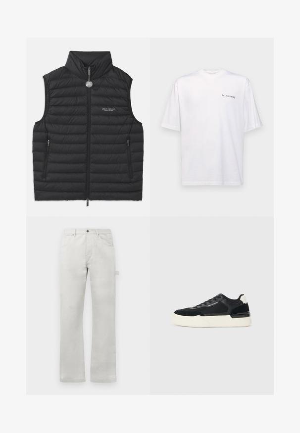 Colete preto almofadado com gola alta, fecho dianteiro com zíper, dois bolsos laterais com zíper e um logótipo no peito, apresentando costura acolchoada horizontal.; T-shirt branca de manga curta em algodão com decote em V, apresentando um logótipo preto "FILLING PIECES" impresso do lado esquerdo.; Calças cinza claro com um corte reto, feitas de tecido de algodão suave, apresentando bolsos frontais e um bolso lateral tipo cargo.; Sapata preta feita de malha e couro, apresentando uma sola branca grossa e detalhes contrastantes. Cadarços e detalhe do logótipo na lateral.