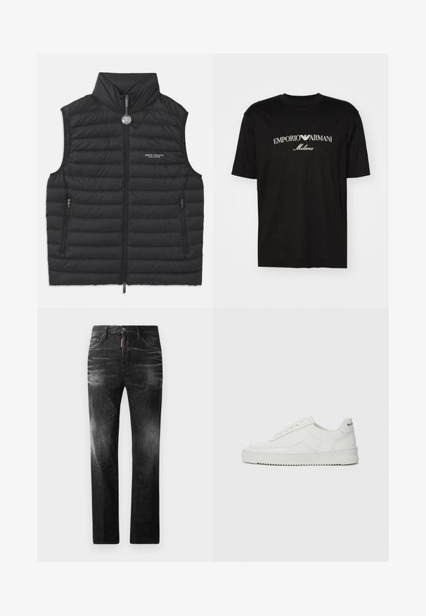 Black puffy vest with a high collar, front zip closure, two side zip pockets, and a logo on the chest, featuring horizontal quilted stitching.; Black cotton T-shirt featuring a round neckline, short sleeves, and "EMPORIO ARMANI" logo in white above "Milano" in a curved design.; Black denim jeans with a straight fit. Features faded areas, minor distressing, classic five-pocket design, and a button closure.; White leather sneaker with a smooth finish, round toe, flat laces, and a textured sole. Features a subtle logo on the heel.