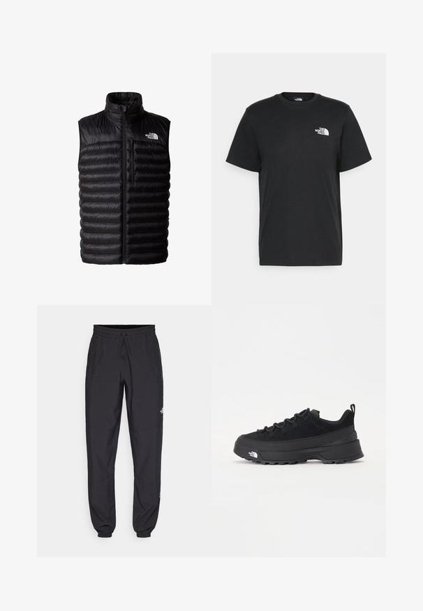 Svart puffy väst med hög krage, fullängdsdragkedja och dragkedjeförsedd bröstficka. Har ett quiltat mönster och The North Face-logotyp.; Svart bomull t-shirt med kort ärm, rund halsringning och en liten vit logga på vänster bröst. Enkelt design, mjuk textur och avslappnad passform.; Svarta träningsbyxor tillverkade av lättviktsmaterial, med dragsko i midjan, sidofickor och avsmalnande muddar vid anklarna.; Svart utomhussko med ovandel i mocka, texturerad gummisula och robust snörningssystem. Har en förstärkt häl och varumärkeslogotyp på sidan.