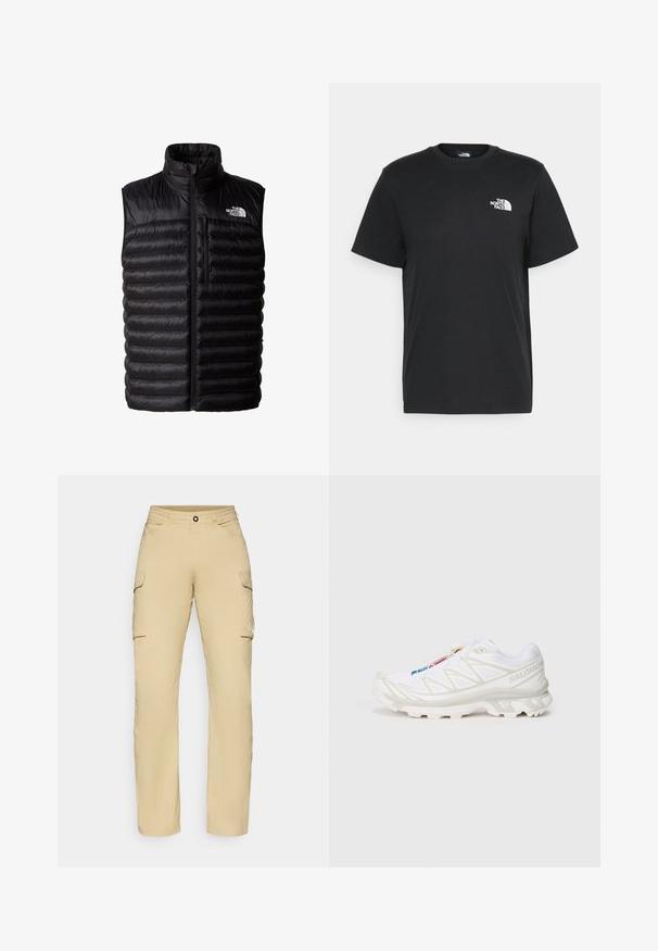 Czarna puchowa kamizelka z wysokim kołnierzem, pełnym zamkiem błyskawicznym i zamkniętą na zamek kieszenią na piersi. Oferuje pikowaną strukturę oraz logo The North Face.; Czarna bawełniana koszulka z krótkimi rękawami, okrągłym dekoltem i małym białym logo na lewej piersi. Prosty design, gładka faktura i luźny krój.; Beżowe spodnie cargo o prostym kroju, z dwoma kieszeniami bocznymi, zapięciem na guzik oraz detalem z logo na udzie. Lekki materiał.; Białe buty sportowe z teksturowaną siateczką, odblaskowymi akcentami i wyprofilowaną podeszwą. Zauważalne logo marki z boku.