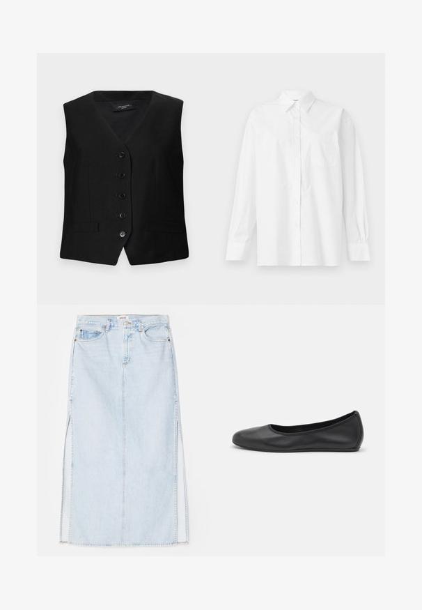 Črni oblečeni brezrokavnik z V-izrezom, šestimi gumbi in dvema sprednjima žepoma. Narejen iz gladkega blaga z strukturirano prileganjem in čistimi linijami.; Bela srajca z dolgimi rokavi iz bombaža, z klasičnim ovratnikom, gumbnim zapiranjem in enim žepom na levi strani.; Svetlo modra jeanska maxi krilna obleka s ravnim krojem, ki ima stranske odprtine in pet žepov. Izstopajoče šivanje in kovinski gumb za zapiranje.; Črne usnjene balerinke z zaobljenim nosom, gladko teksturo, minimalnimi šivi in fleksibilno zasnovo podplata.