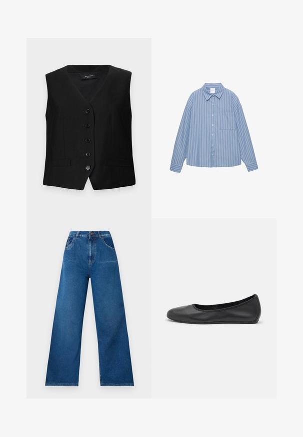 Schwarze maßgeschneiderte Weste mit V-Ausschnitt, sechs Knöpfen und zwei vorderen Taschen. Aus glattem Stoff mit strukturiertem Schnitt und klaren Linien gefertigt.; Langärmliges Hemd mit blauen Streifen, mit Knopfleiste, klassischem Kragen und einer Brusttasche. Leichtes Material mit lockerer Passform.; Weite Jeans in dunkelblauem Denim mit hoher Taille, ausgestattet mit Front- und Gesäßtaschen sowie Kontrastnähten.; Schwarze Leder-Ballettschuhe mit abgerundeter Spitze, glatter Textur, minimalen Nähdetails und einem flexiblen Sohlen-Design.