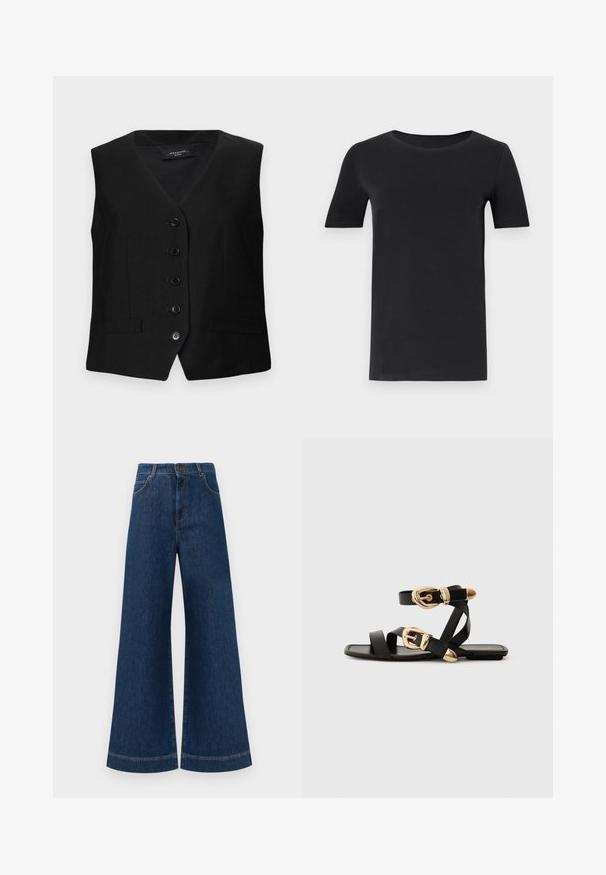 Schwarze maßgeschneiderte Weste mit V-Ausschnitt, sechs Knöpfen und zwei vorderen Taschen. Aus glattem Stoff mit strukturiertem Schnitt und klaren Linien gefertigt.; Schwarzes T-Shirt mit kurzen Ärmeln aus weicher Baumwolle, mit rundem Halsausschnitt und klassischer Passform. Glatte Textur, ohne Muster oder Verzierungen.; Weite blaue Jeans aus Denim mit hoher Taille, ausgestattet mit einem Knopfverschluss, Gürtelschlaufen und dezenten Stichdetails an den Taschen und Säumen.; Schwarze Ledersandalen mit goldenen Schnallenakzenten, die mehrere Riemen und ein flaches Sohlendesign für das Tragen mit offenen Zehen bieten.