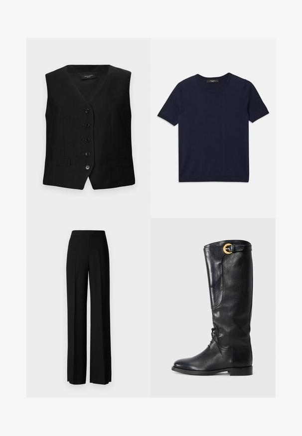 Juodas pritaikytas liemenė su V formos iškirpte, šešiais mygtukais ir dviem priekinėmis kišenėmis. Pagaminta iš lygaus audinio su struktūruotu fit ir švariomis linijomis.; Tamsiai mėlynas trumpų rankovių marškinėliai, pagaminti iš minkštos medžiagos, su apvaliu kaklu ir šonkauliniais kraštais, lygi tekstūra ir be matomų raštų.; Juodi platūs kelnių kelnės su lygiu paviršiumi, turinčios aukštą liemenį ir centrinės raukšlės. Nėra matomų raštų ar metalinių detalių.; Juodos odinės iki kelio bateliai su apvaliu pirštu, raišteliais priekyje, šoniniu akcentu ir auksiniu sagtimi viršuje. Lygus paviršius.