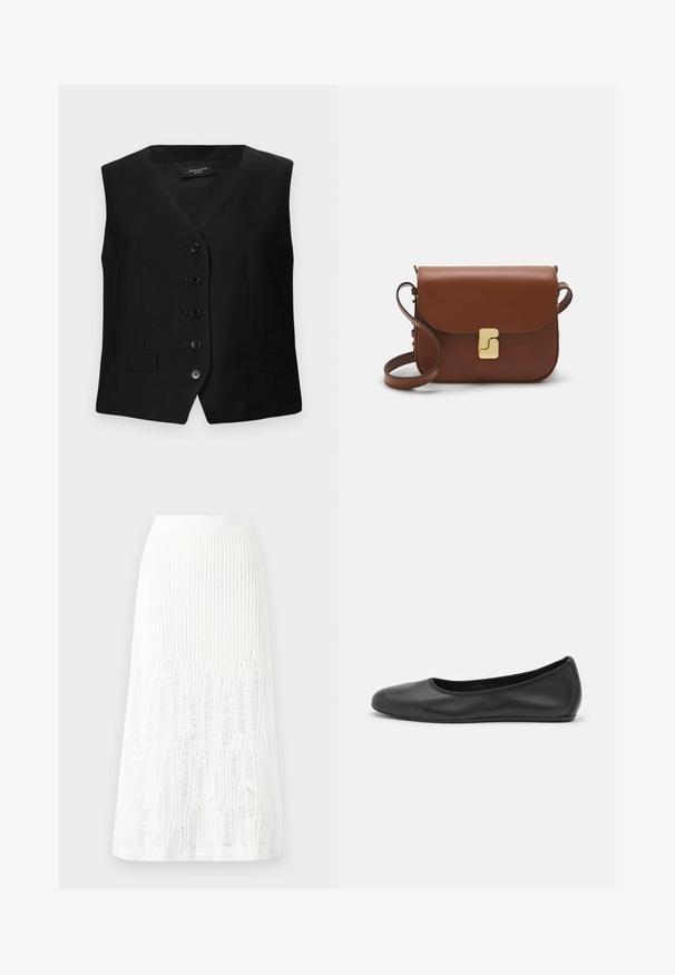 Černý dobře střižený vestě s V-výstřihem, šesti knoflíky a dvěma předními kapsami. Vyrobeno z hladkého materiálu s pevným střihem a čistými liniemi.; Bílá tričko s krátkým rukávem vyrobené z žebrované tkaniny. Kulatý výstřih, normální střih a jemné detaily šití. Bez vzorů nebo grafik.; Pletená bílá midi sukně s texturovaným vzorem a vertikálními pruhy a výřezovými detaily podél spodního okraje. Elastický pas. Měkký materiál.; Černé kožené baletní byty s kulatou špičkou, hladkou texturou, minimálními švy a flexibilním designem podrážky.; Hnědá kožená kabelka s klopou, zlatými kovovými detaily, ramenním popruhem a hladkým povrchem. Kompaktní obdélníkový tvar.