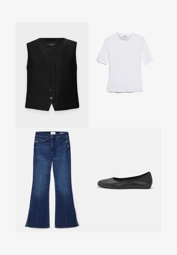 Chaleco negro ajustado con escote en V, seis botones y dos bolsillos frontales. Fabricado con tela suave, presenta un corte estructurado y líneas limpias.; Camiseta de manga corta blanca hecha de tela de canalé. Cuello redondo, corte regular y detalles de costura sutiles. Sin patrones ni gráficos.; Vaqueros acampanados de color azul oscuro, hechos de mezclilla. Presentan una cintura alta, bolsillos frontales y detalles de abertura en el dobladillo. Diseño clásico de cinco bolsillos.; Bailarina de piel negra con punta redondeada, textura suave, detalle de costura minimalista y diseño de suela flexible.