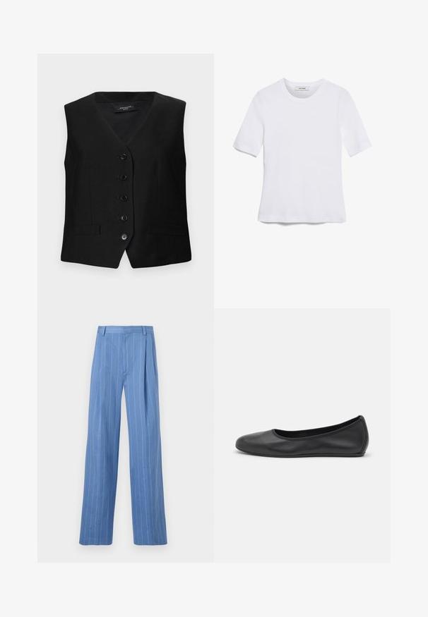 Črni oblečeni brezrokavnik z V-izrezom, šestimi gumbi in dvema sprednjima žepoma. Narejen iz gladkega blaga z strukturirano prileganjem in čistimi linijami.; Bela kratka majica s kratkimi rokavi iz rebrastega materiala. Okrogla ovratnica, običajen kroj in subtilni šivi. Brez vzorcev ali grafik.; Svetlo modre široke hlače z vertikalnimi belimi črtami. Narejene iz gladkega materiala, z sprednjim pregibom in čistim dizajnom pasu.; Črne usnjene balerinke z zaobljenim nosom, gladko teksturo, minimalnimi šivi in fleksibilno zasnovo podplata.