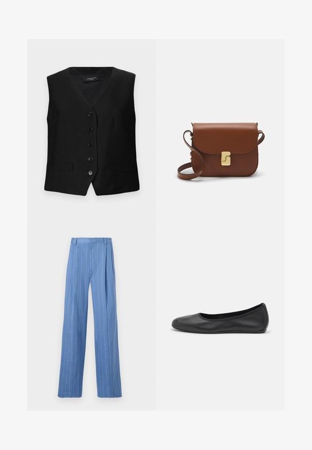 Schwarze maßgeschneiderte Weste mit V-Ausschnitt, sechs Knöpfen und zwei vorderen Taschen. Aus glattem Stoff mit strukturiertem Schnitt und klaren Linien gefertigt.; Weißes kurzärmliges T-Shirt aus geripptem Stoff. Runder Halsausschnitt, normale Passform und dezente Nähte. Keine Muster oder Grafiken.; Himmelblaue weite Hosen mit vertikalen weißen Streifen. Aus glattem Material gefertigt, mit einer vorderen Falte und einem schlichten Taillenbunddesign.; Schwarze Leder-Ballettschuhe mit abgerundeter Spitze, glatter Textur, minimalen Nähdetails und einem flexiblen Sohlen-Design.; Braune Ledertasche mit Klappenverschluss, Beschlägen in Goldfarbe, einem Schultergurt und einer glatten Oberfläche. Kompakte rechteckige Form.